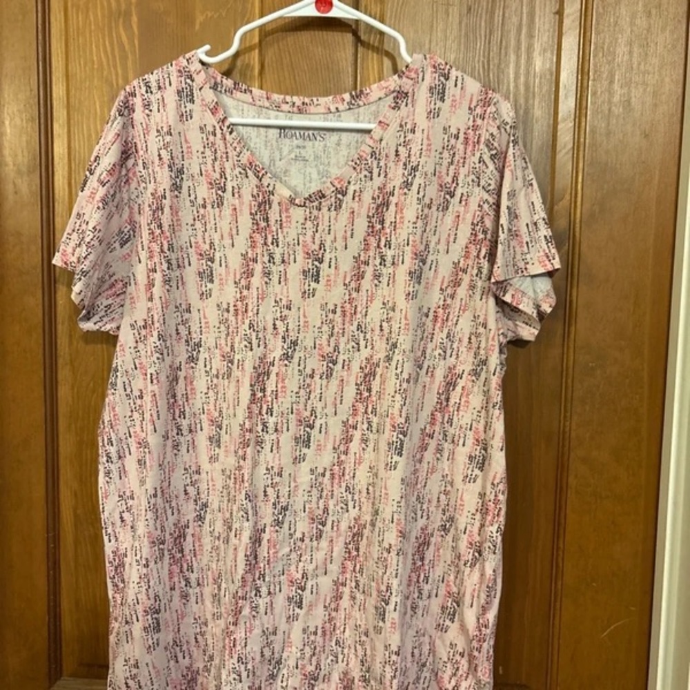 Roaman's Pink & Black Abstract V-Neck Short Sleeve Top